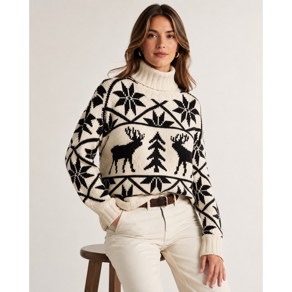 Ralph Lauren Hand Knit Silk Linen Reindeer Fair Isle Turtleneck Sweater M